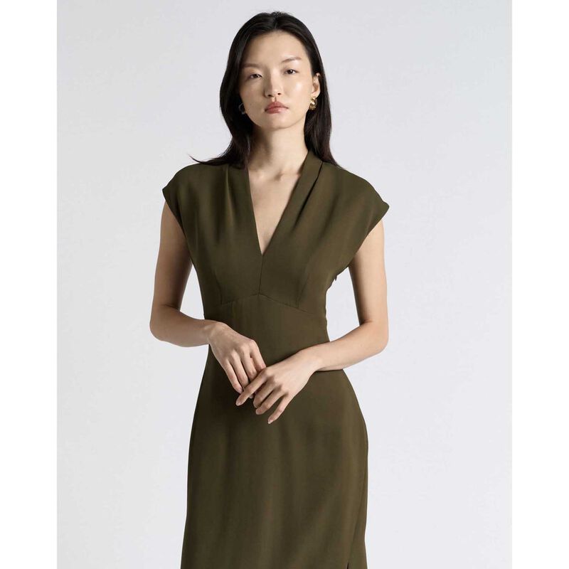 Cue Khaki Stretch Crepe V-Neck Midi Dress image number 3